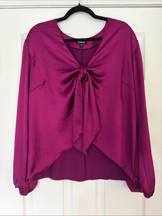 Express Tops - Express Magenta Satin Tie-Front Blouse